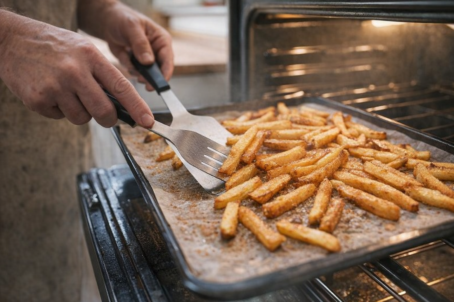 An action shot of hands using a spatula to flip golden brown fries on a baking sheet in a hot oven, showcasing the halfway point of the baking process with a slightly blurred background